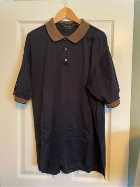 Hogan Navy Polo with Tan Striped Collar and Cuffs